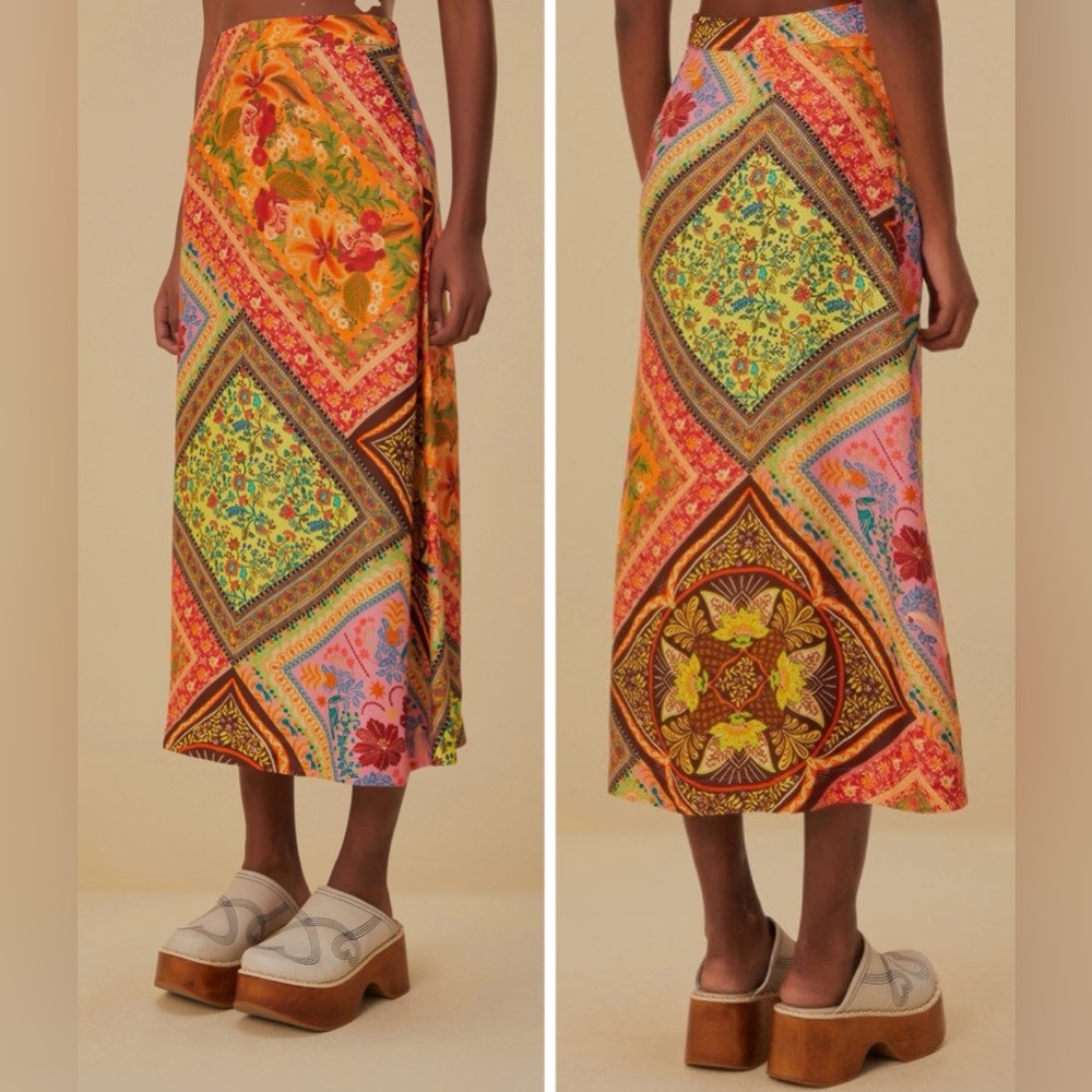 Farm Rio Mixed Scarves Satin Slip Midi Skirt, Size XS